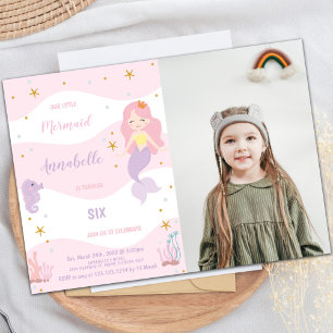 Rosa Krona Sjöjungfru Birthday-inbjudan med foto Inbjudningar