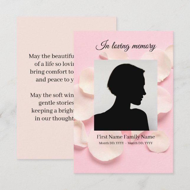 Rosa kronblad rosa begravning bön kort (Fram/baksida)