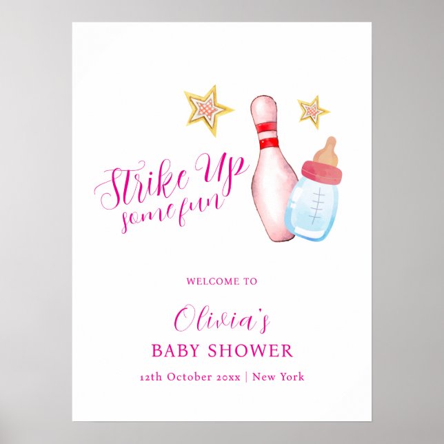 Rosa kul strike up bowling baby shower välkomstsky poster (Framsidan)