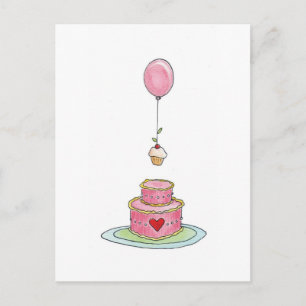Rosa kummel med ballonger och kaka vykort