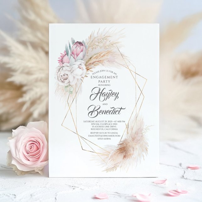 Rosa Kung Protea och Pampas Grass Förlovningsfest Inbjudningar (Boho Floral Engagement Invitation)
