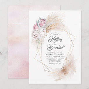 Rosa Kung Protea och Pampas Grass Modern Bröllop Inbjudningar