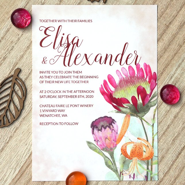 Rosa Kung Proteas, Orange Lilies Fall Wedding Inbjudningar (Fall Pink King Protea Flower Orange Tiger Lily Wedding Invitation)