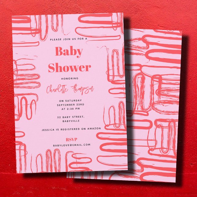 Rosa kurvig vågig abstrakt baby shower inbjudningar (Pink Curve Wavy Squiggle Abstract Baby Shower Invitation)