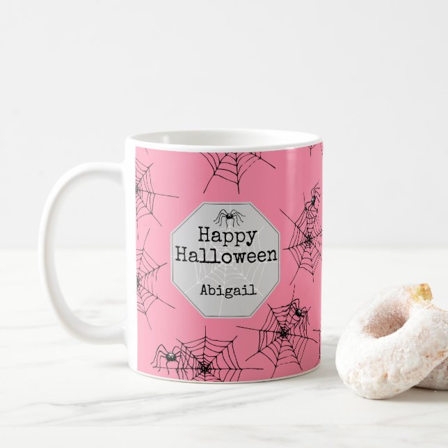 Rosa kuslig spindel Halloween-mugg Kaffemugg (Med munk)