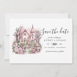 rosa kyrka blommande akvarell spara datum inbjudningar