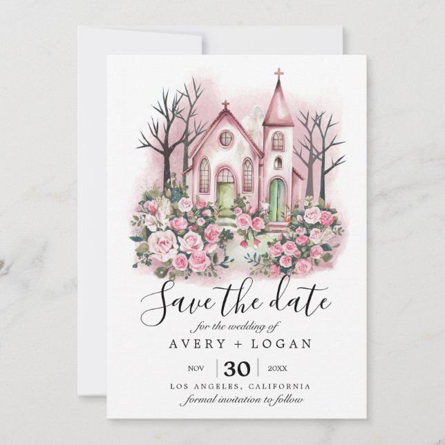 rosa kyrka blommande akvarell spara datumet inbjudningar (Framsida)