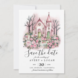 rosa kyrka blommande akvarell spara datumet inbjudningar