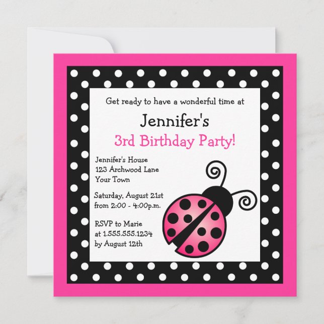 Rosa Ladybug Birthday - Black and White Polka dots Inbjudningar (Framsida)