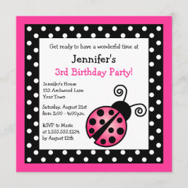 Rosa Ladybug Birthday - Black and White Polka dots Inbjudningar