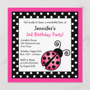 Rosa Ladybug Birthday - Black and White Polka dots Inbjudningar