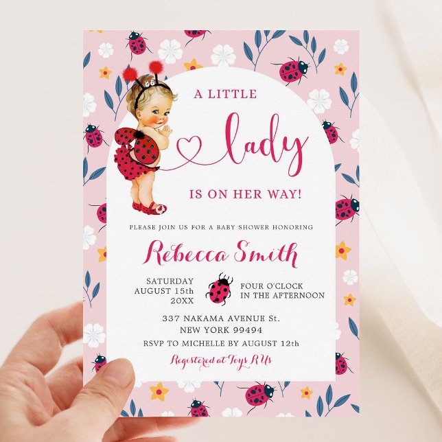 Rosa Ladybug Blonde Girl Baby Shower-inbjudan Inbjudningar (Skapare uppladdad)