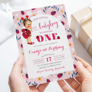 Rosa Ladybug Blonde Girl First Birthday Call Inbjudningar
