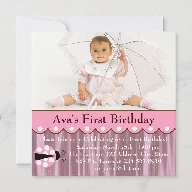 Rosa Ladybug Födelsedagsfest Inbjudningar (Framsida)