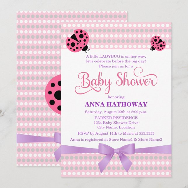 Rosa Ladybug med lavender och Silver Baby Shower Inbjudningar (Fram/baksida)