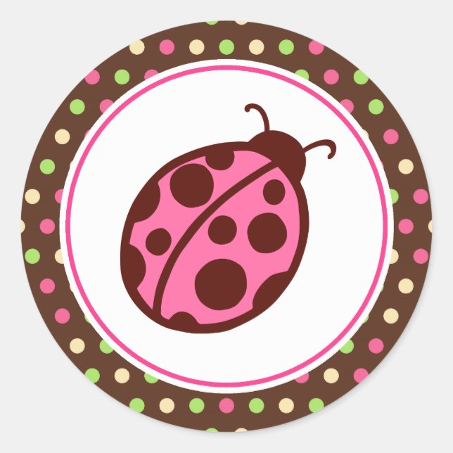 Rosa Ladybug Party Stickers Runt Klistermärke (Framsida)