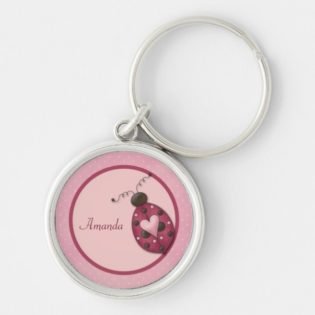 Rosa Ladybug Personlig Keychain Rund Silverfärgad Nyckelring (Framsidan)