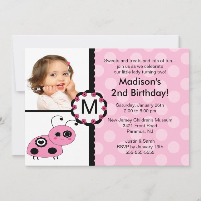 Rosa Ladybug Photo Birthday-inbjudan Inbjudningar (Framsida)