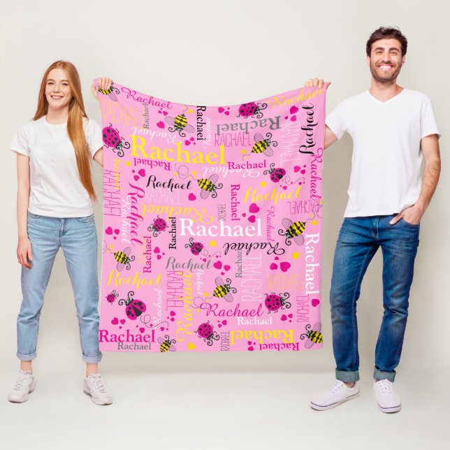 Rosa ladybugs bin och hjärt-flickors eget namn fleecefilt (På plats)