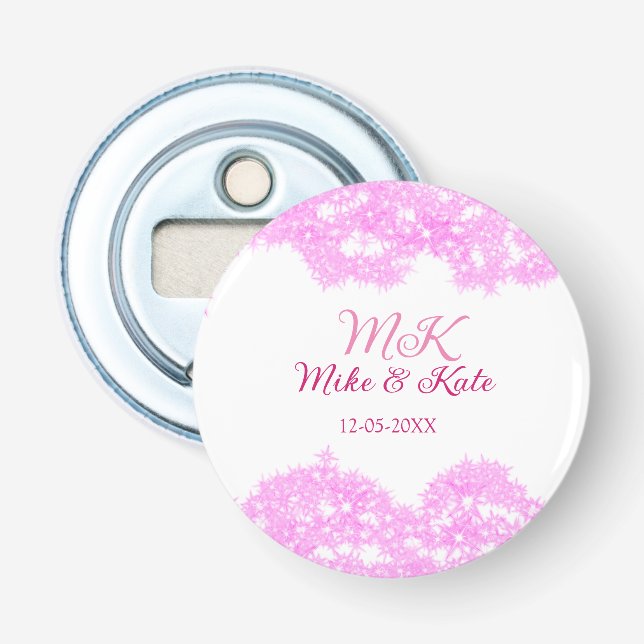 Rosa lägg till ett par namn-datummonogram glitter  flasköppnare (Framsidan)