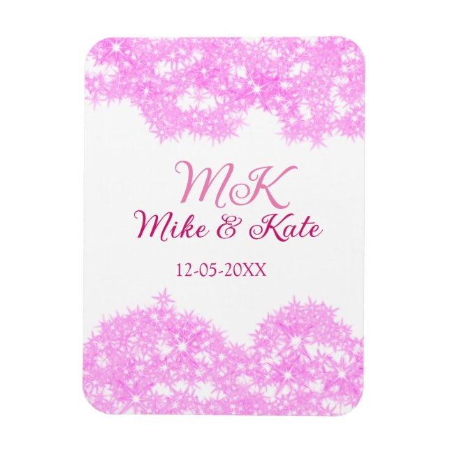 Rosa lägg till parnamn datum monogram glitter glan magnet (Vertikal)