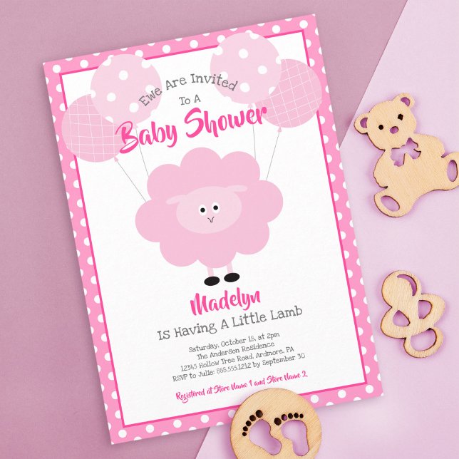 Rosa Lamb Baby Shower Script Ballowes Cute Modern Inbjudningar (Skapare uppladdad)
