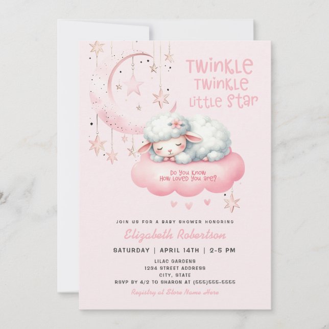 Rosa lamm Twinkle Twinkle Girls Baby Shower Inbjudningar (Framsida)