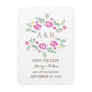 Rosa Land Blommigt Monogram Spara datum Magnet