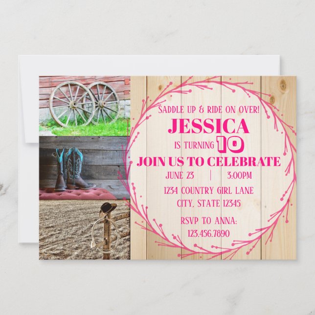 Rosa Land Girl Födelsedagsfest Inbjudningar (Framsida)