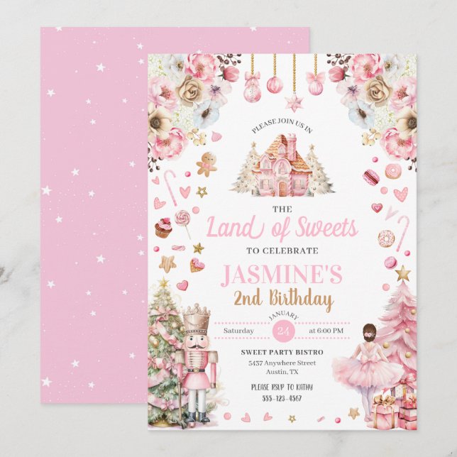Rosa Land Sockerplommon Fairy Nutcracker Inbjudningar (Fram/baksida)