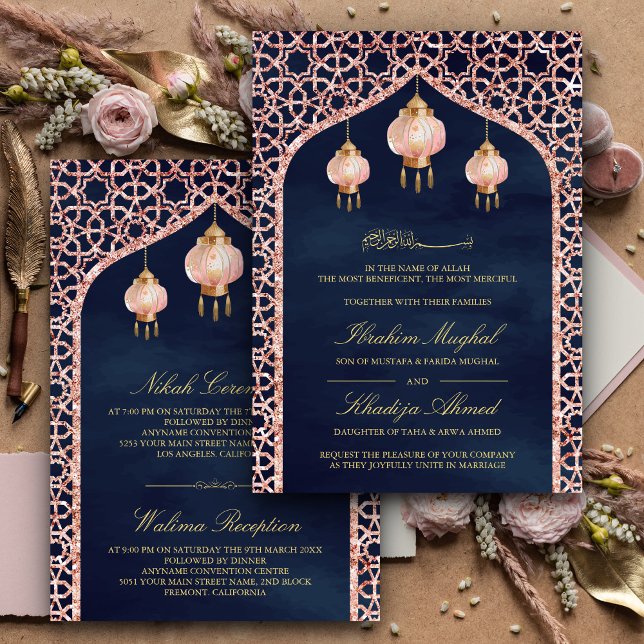 Rosa Lanternor Navy Blue Ro Guld Muslim Bröllop Inbjudningar (Skapare uppladdad)