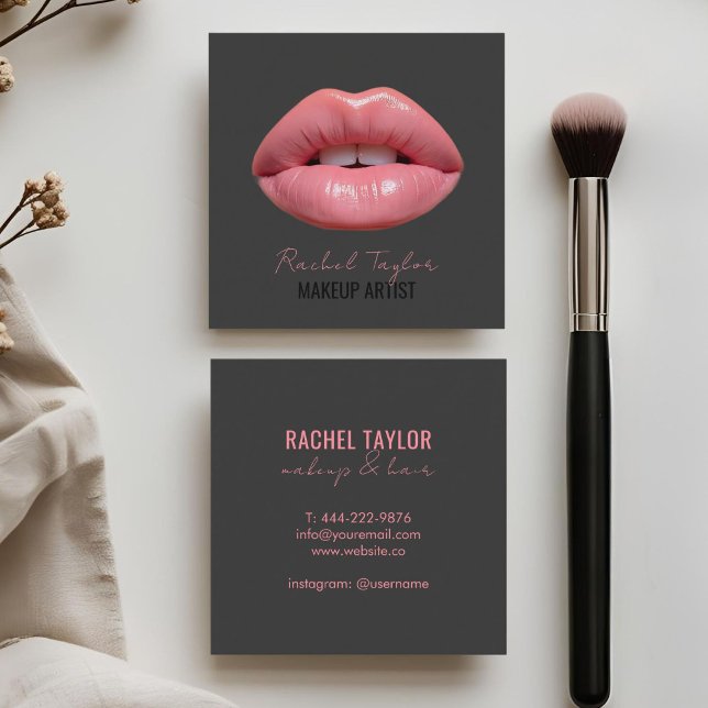 Rosa Läppar | Affärskort för träkolsmakeup-kvadrat Fyrkantigt Visitkort (Skapare uppladdad)