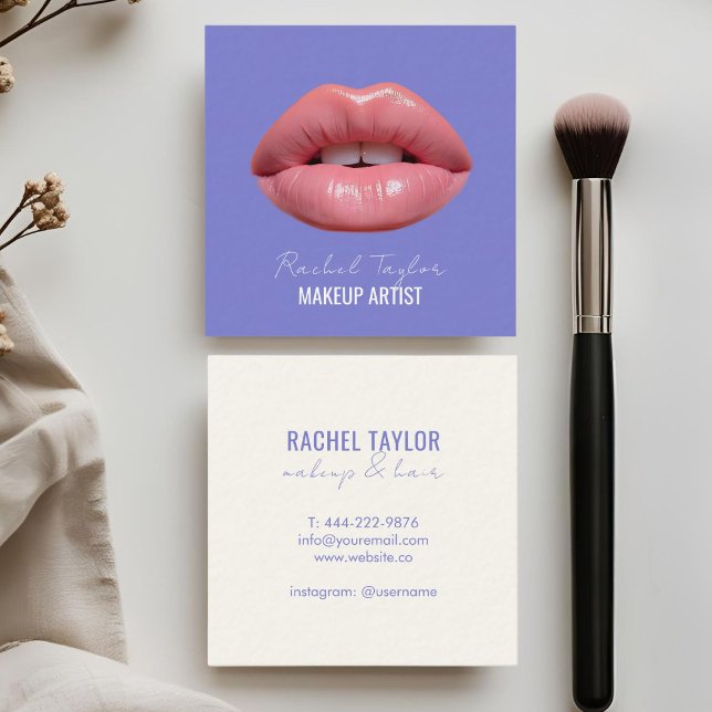 Rosa Läppar | Coola Blue Makeup Square Fyrkantigt Visitkort (Skapare uppladdad)