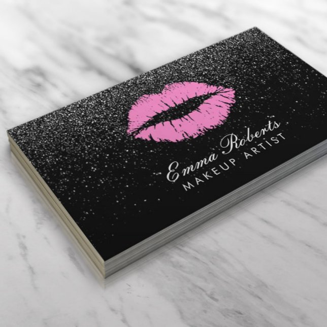 Rosa Läppar Makeup Artist Black Glitter Modern Visitkort (Skapare uppladdad)