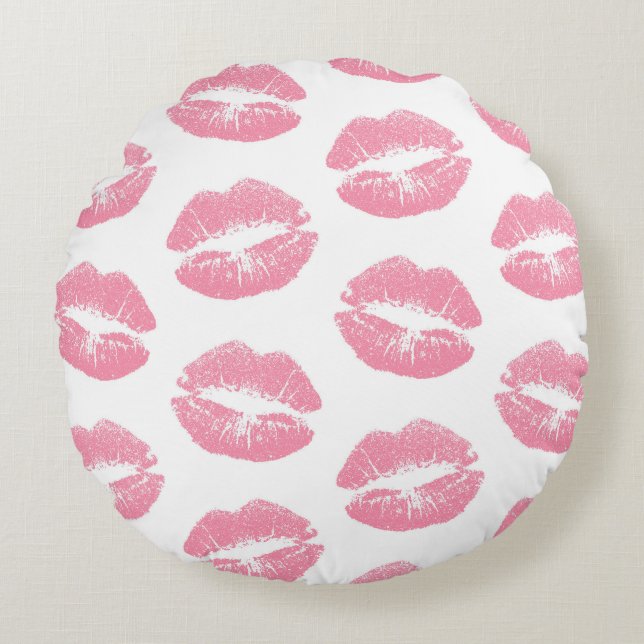Rosa Läppar, Mönster i Läppar, Rosa Lipstick, kyss Rund Kudde (Framsidan)