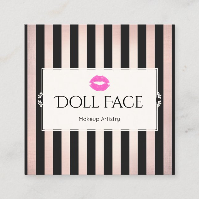 Rosa Läppar Ro Guld & Black Stripe Makeup Artist Fyrkantigt Visitkort (Framsida)