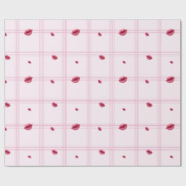Rosa läppavtryck på rutig mönster. Alla hjärtans d Presentpapper