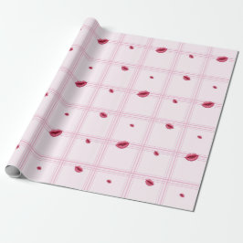 Rosa läppavtryck på rutig mönster. Alla hjärtans d Presentpapper