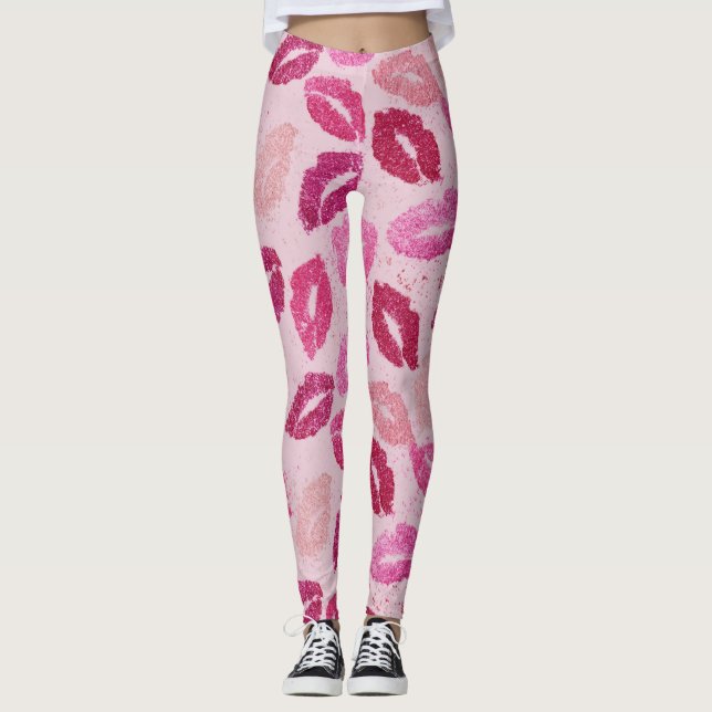 Rosa läppstift Kyss Sömlöst Mönster Leggings (Framsida)