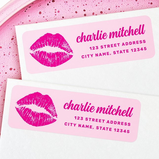 Rosa läppstift märke retro returadress etikett (Pink lipstick mark retro return address label)