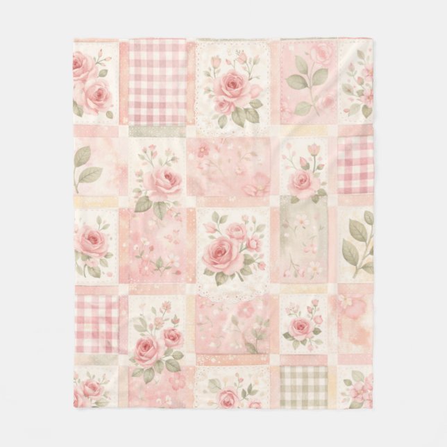 Rosa lapptäcke pastell blommig vintage fleecefilt (Framsidan)