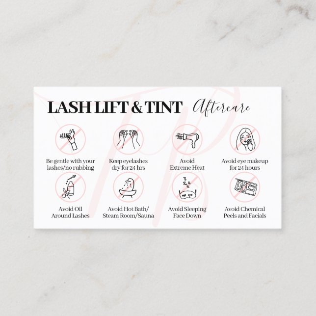 Rosa Lash Hiss Tint Aftercare Tips Instruction Visitkort (Baksida)
