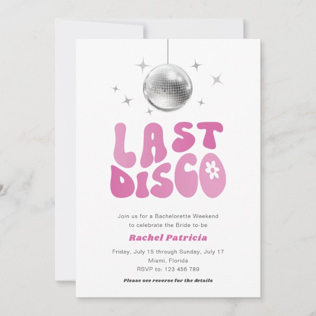 Rosa Last Disco, enkel Retro Bachelorette Helg Inbjudningar (Framsida)