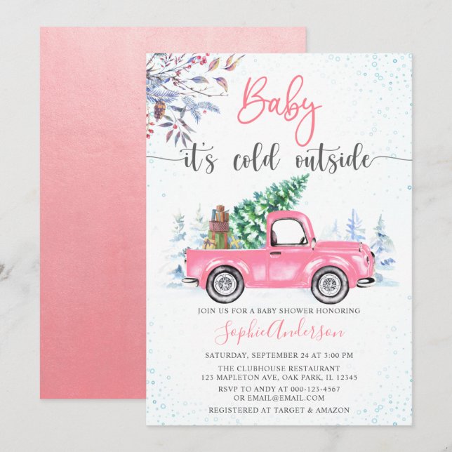 Rosa Lastbil Baby Det är Kall utanför Flickor Baby Inbjudningar (Fram/baksida)