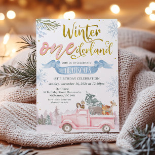 Rosa Lastbil Banner Winter Onederland 1:a födelsed Inbjudningar