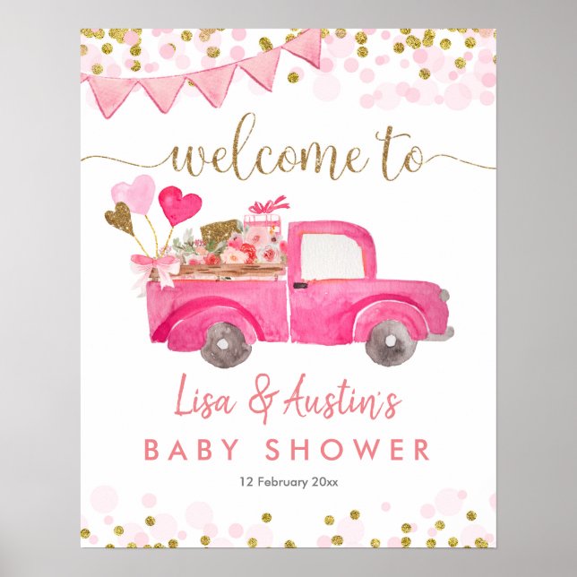Rosa Lastbil Drive through Baby Shower Välkomstsky Poster (Framsidan)