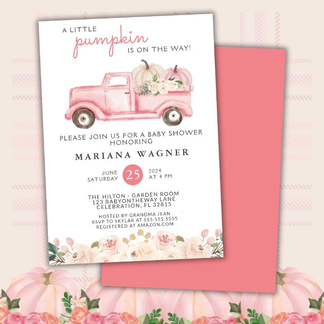 Rosa lastbil lilla pumpa baby shower inbjudningar (Skapare uppladdad)