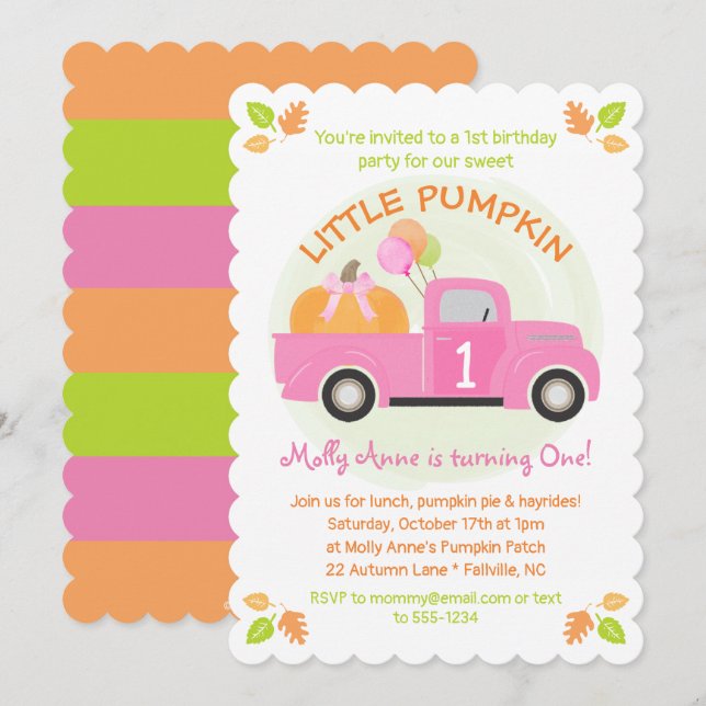 Rosa Lastbil Pumpkin 1st First Birthday Girl Party Inbjudningar (Fram/baksida)