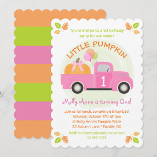 Rosa Lastbil Pumpkin 1st First Birthday Girl Party Inbjudningar