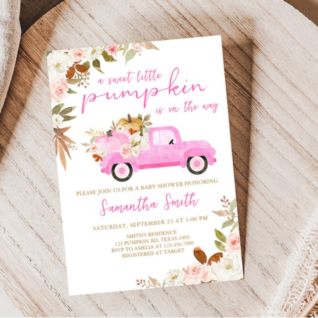 Rosa Lastbil Pumpkin Baby Shower Inbjudningar (Fall Pumpkin Pink Truck Baby Shower Invitation)